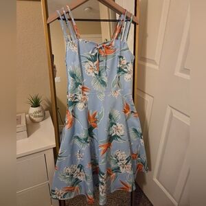 Sky Blue Summer Hawaiian Floral Print Dress Size M